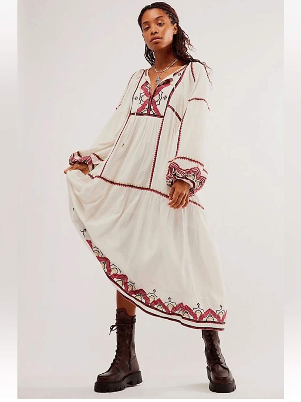 Free People Sweet Escape Bohemian Embroidered Cream Midi Dress Lush Combo